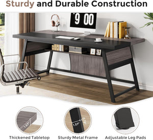 63-Inch Double Desk with LED Light & Storage Shelf