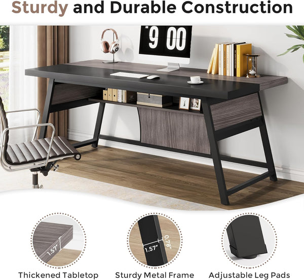 63-Inch Double Desk with LED Light & Storage Shelf