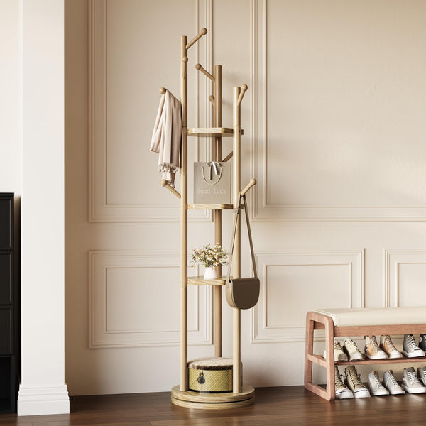 Freestanding Rotating Wood Coat Rack with Shelves and Hooks