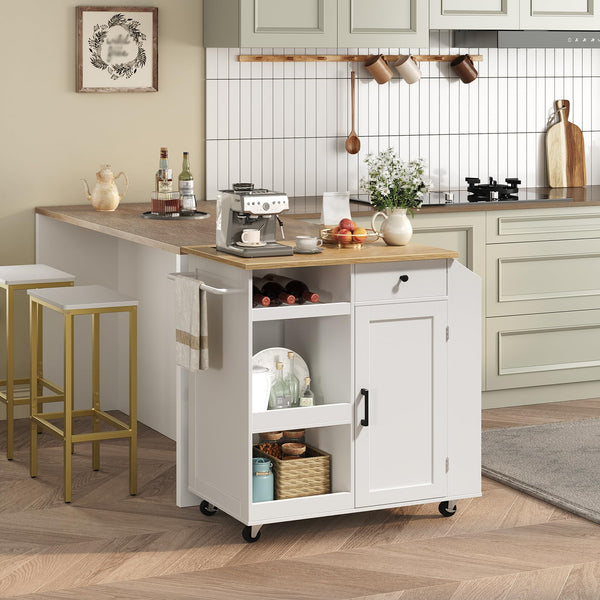 Rolling Kitchen Island Cart with Power Outlet, Drawer, Wine Rack & Spice Rack