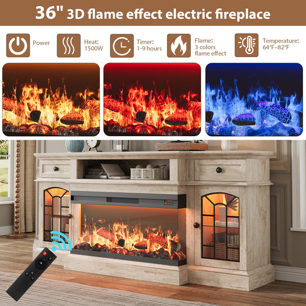 70" Electric Fireplace TV Stand with 3-Sided Glass Insert, Storage Cabinets & Open Shelf