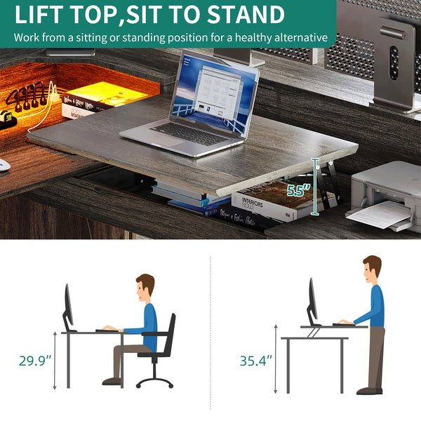 L-Shaped Computer Desk with Drawers, Power Outlets & LED Lights – 60" Corner Home Office Desk, Height Adjustable, Grey