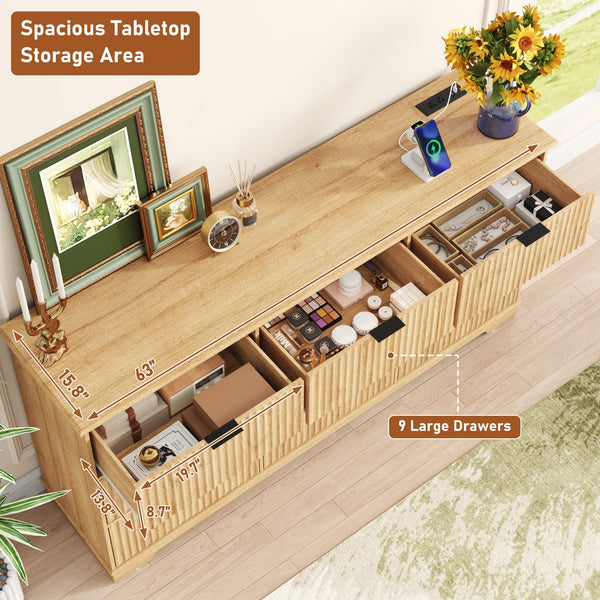 9-Drawer Fluted Dresser with Power Outlet