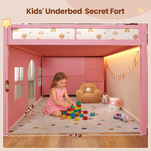 Kids Twin Low Loft Bed with Tent, Drawers & LED Lights