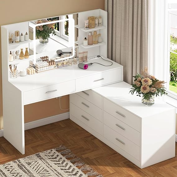 Vanity Desk with LED Mirror, Drawers & Charging Station