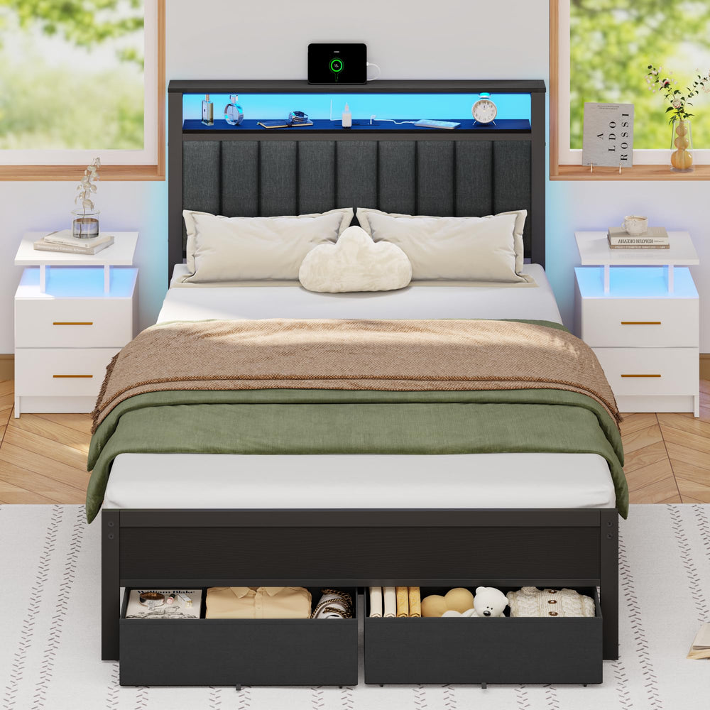 Platform Bed Frame with LED Lights, Charging Station & Storage Drawers
