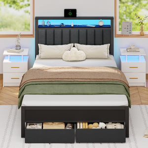 Platform Bed Frame with LED Lights, Charging Station & Storage Drawers
