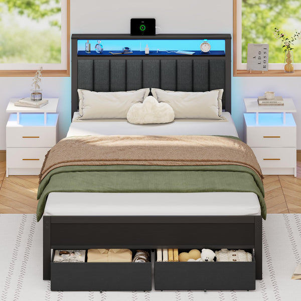Platform Bed Frame with LED Lights, Charging Station & Storage Drawers