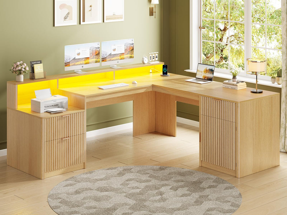 L-Shaped Executive Desk with Drawers, File Cabinet & Monitor Stand