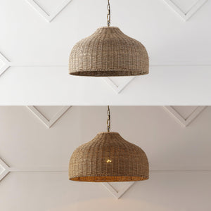 Rattan & Iron Dome Pendant Light – Adjustable Height, LED Included