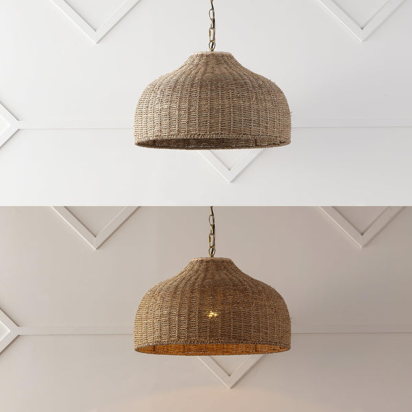 Rattan & Iron Dome Pendant Light – Adjustable Height, LED Included