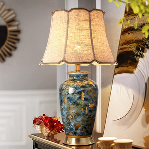 Blue Hand-Painted Ceramic Table Lamp with Fabric Shade