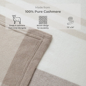 100% Pure Cashmere Throw Blanket — Large Woven Stripe, White Beige Brown