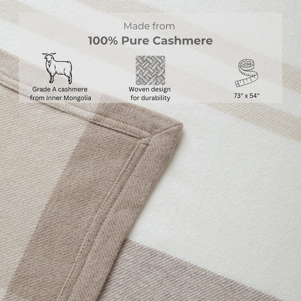 100% Pure Cashmere Throw Blanket — Large Woven Stripe, White Beige Brown