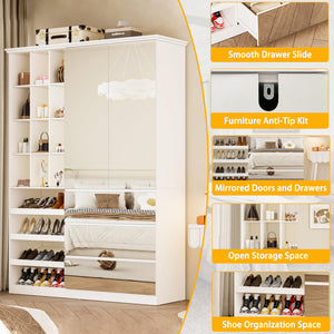 Mirrored Wardrobe Closet with Shoe Cabinet & 3 Drawers