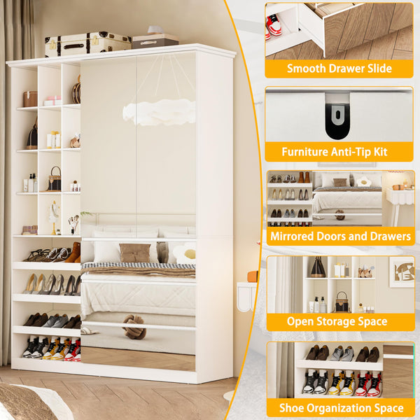Mirrored Wardrobe Closet with Shoe Cabinet & 3 Drawers