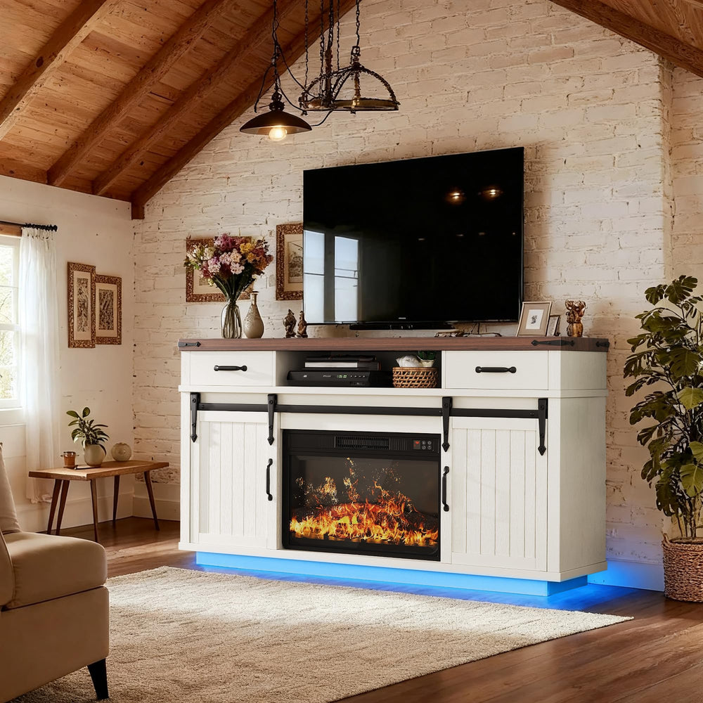 Farmhouse Electric Fireplace TV Stand with LED Light & Sliding Barn Door