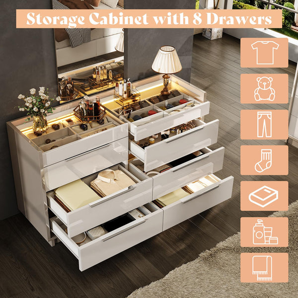 3-Piece Bedroom Dresser Set with LED Light & Nightstands with Charging Station