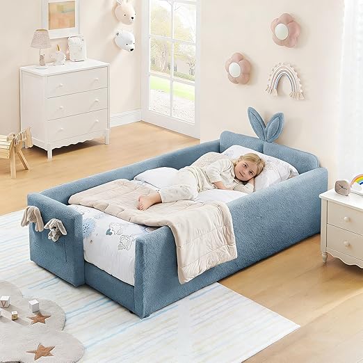 Kids Upholstered Twin Daybed Frame with Bunny Ear Headboard