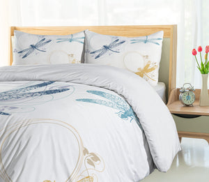 Queen Duvet Cover Set — Dragonfly Floral Print, 3-Piece Bedding Set with Pillow Shams