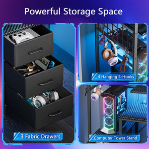 Gaming Desk with LED Lights, Power Outlets & Storage Drawers
