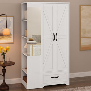 70" Wardrobe Closet with Mirror, Drawer & Side Shelves