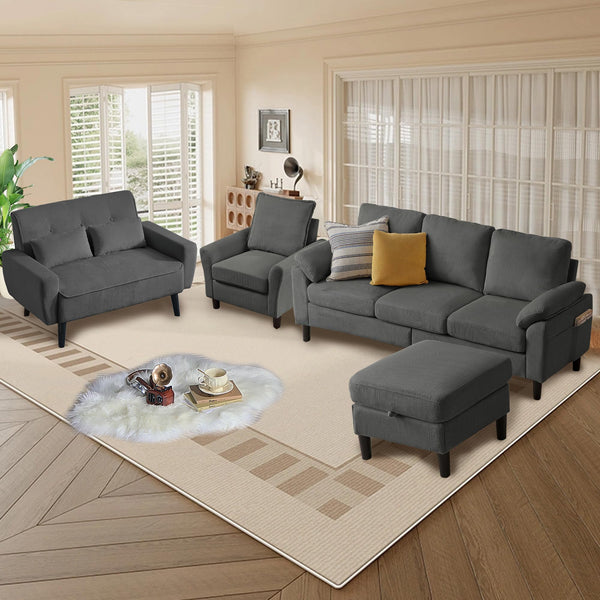 4-Piece Corduroy Living Room Set – Sofa, Loveseat & Ottoman