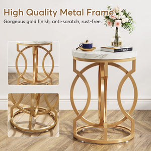 Round End Table Set of 2 – Faux Marble White & Gold Metal Base