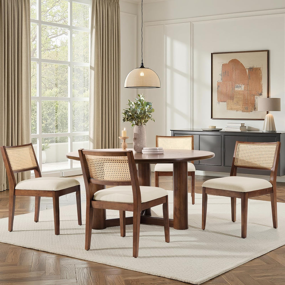 Rattan Dining Chairs with Cushioned Seat & Solid Wood Frame