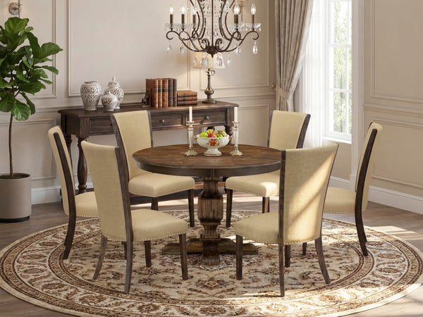 7-Piece Round Dining Table Set with 6 Upholstered Chairs