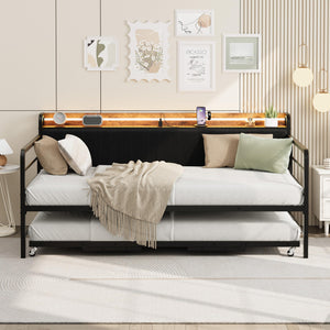Twin Daybed with Pop-Up Trundle, RGB LED & Charging Station