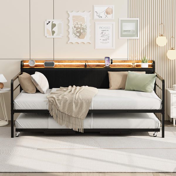Twin Daybed with Pop-Up Trundle, RGB LED & Charging Station
