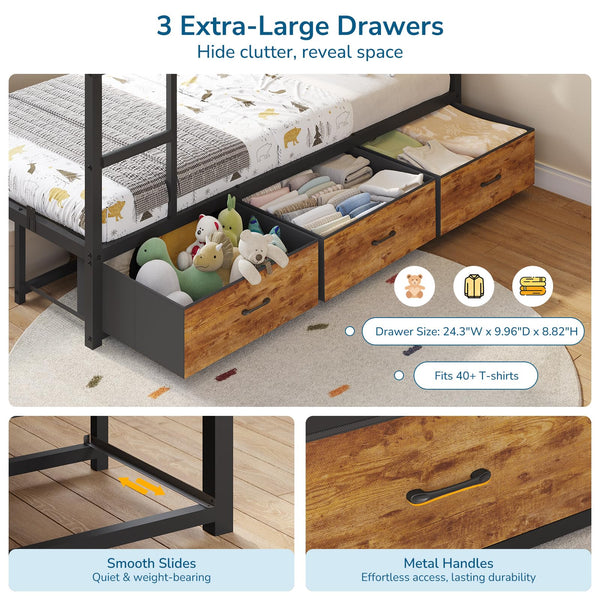 L-Shaped Triple Bunk Bed Twin over Twin with Storage & LED Lights