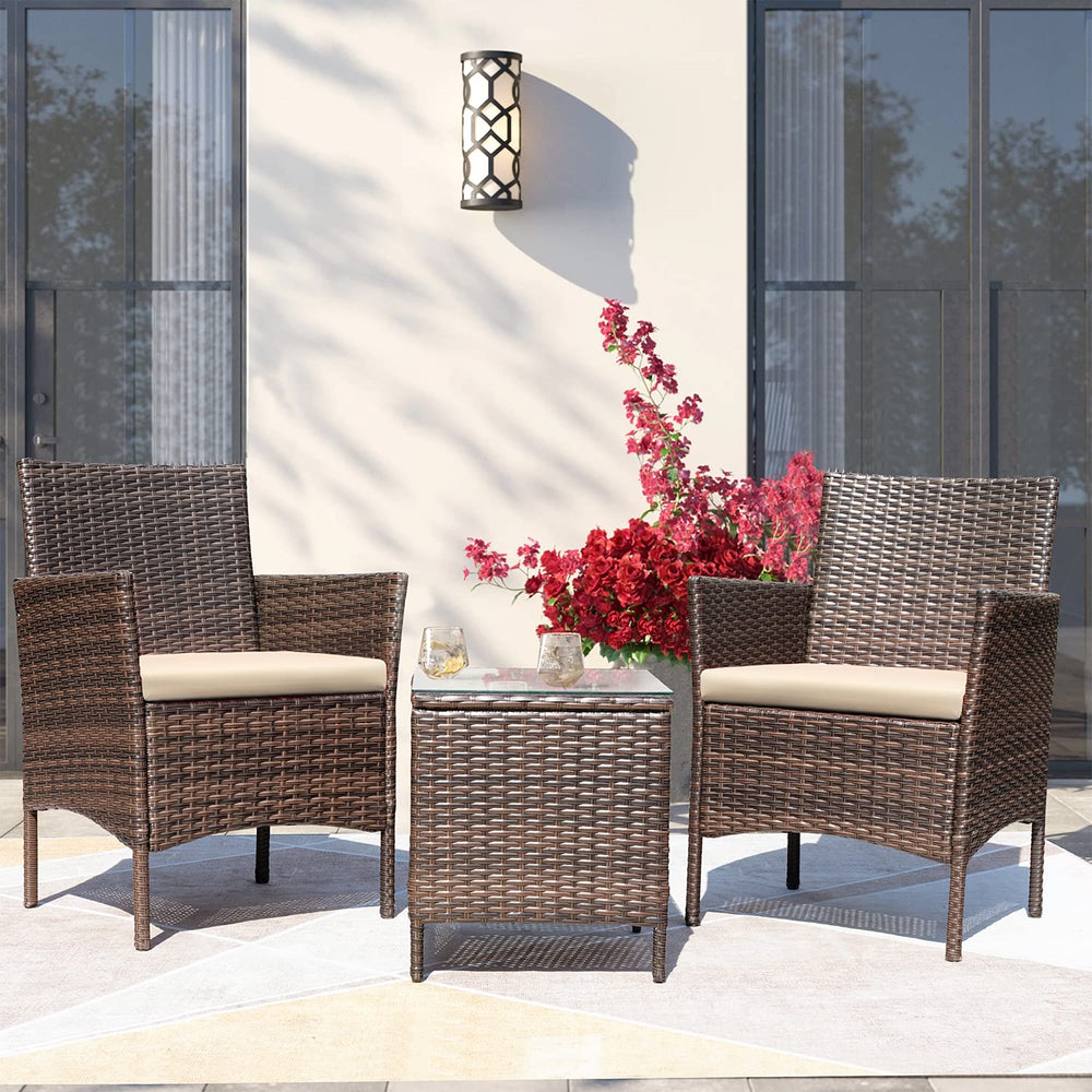 3-Piece Outdoor Rattan Patio Furniture Set with Cushions & Glass Table