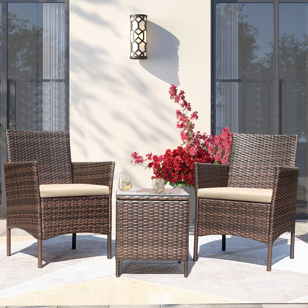 3-Piece Outdoor Rattan Patio Furniture Set with Cushions & Glass Table