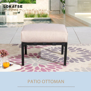 Outdoor Patio Ottoman with Cushion — Square Metal Footstool, Beige