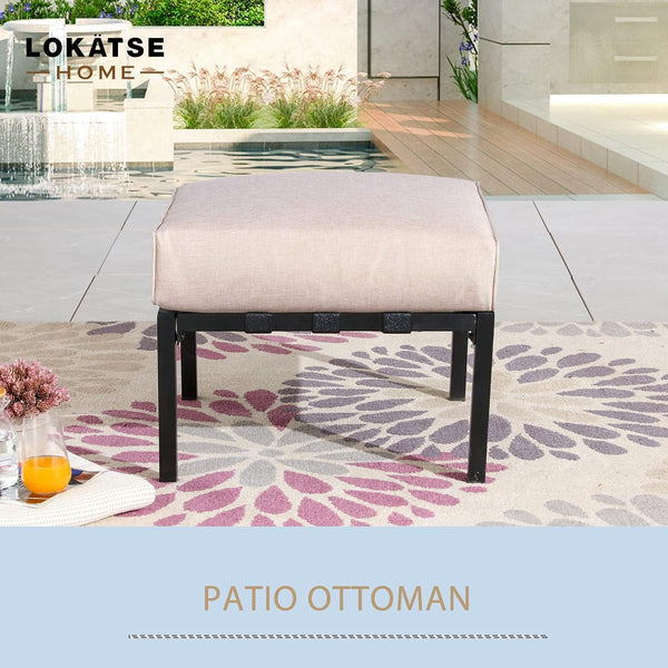 Outdoor Patio Ottoman with Cushion — Square Metal Footstool, Beige
