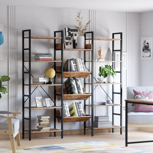 Triple Wide 5-Tier Industrial Bookshelf with Metal Frame
