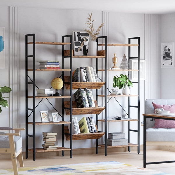 Triple Wide 5-Tier Industrial Bookshelf with Metal Frame