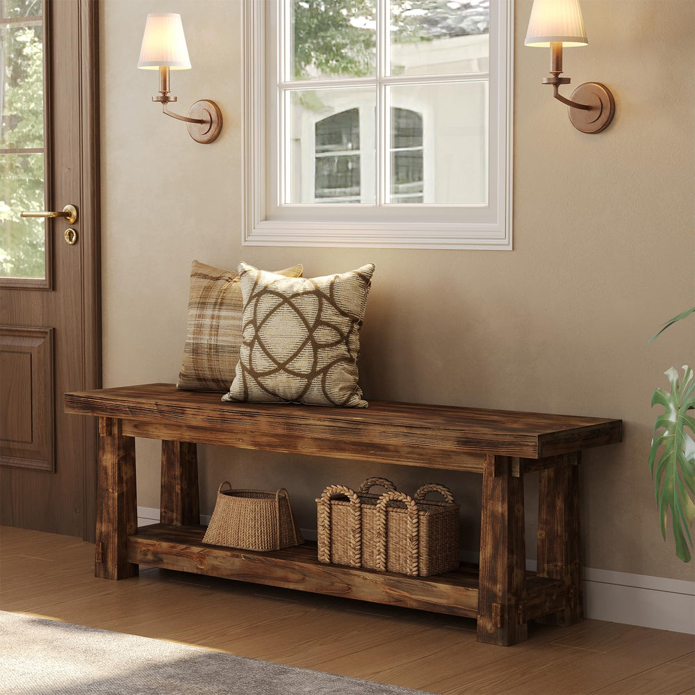 Solid Wood Entryway Bench with Shoe Storage Shelf