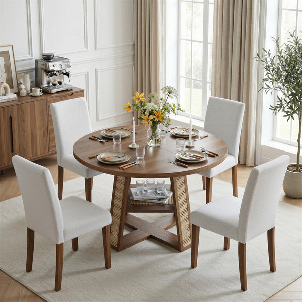 Extendable Round Dining Table with Storage Shelf — Seats 4–8