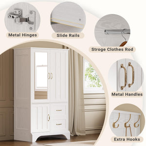 3-Door Wardrobe Armoire with Mirror, Hanging Rod & 2 Drawers – White