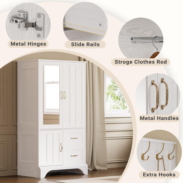 3-Door Wardrobe Armoire with Mirror, Hanging Rod & 2 Drawers – White
