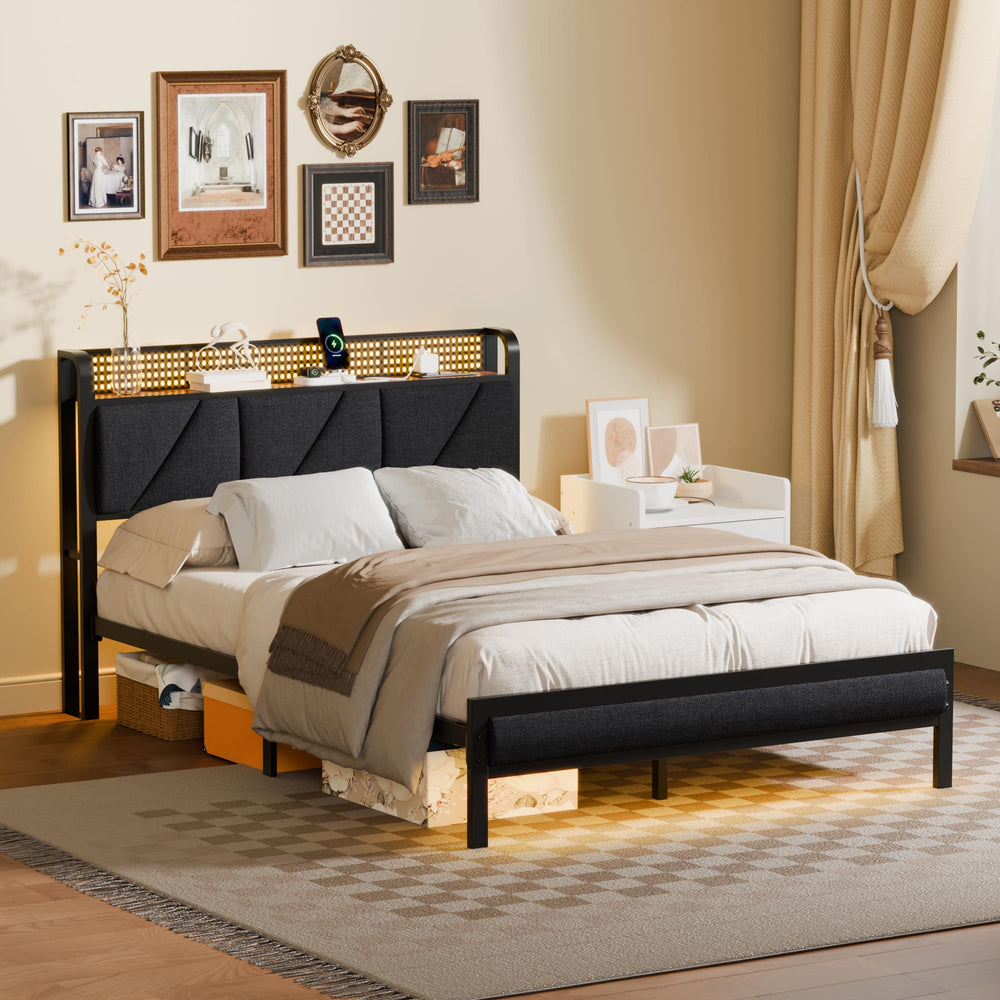 Metal Platform Bed Frame with LED Headboard & Charging Station