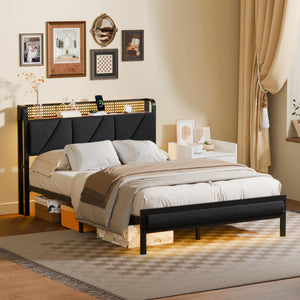 Metal Platform Bed Frame with LED Headboard & Charging Station