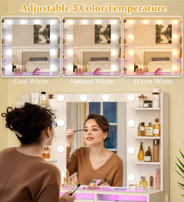 Vanity Desk with Mirror, Lights & RGB Drawers