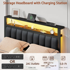 Platform Bed Frame with LED Lights, Charging Station & Storage Drawers