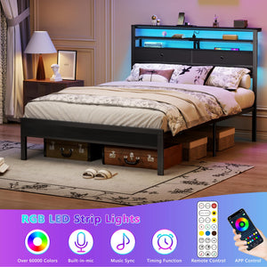Full Size Platform Bed Frame with LED Lights, Charging Station & Storage Drawers