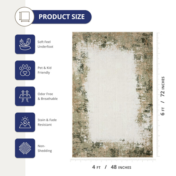 Beige & Green Border Washable Area Rug