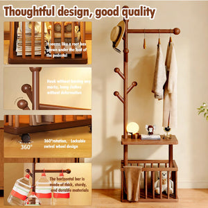 Solid Wood Coat Rack with Storage Baskets and Wheels